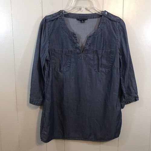 Lands' End Petite Blue Chambray 3/4 Sleeve V-Neck Semi Fitted Popover Top P4