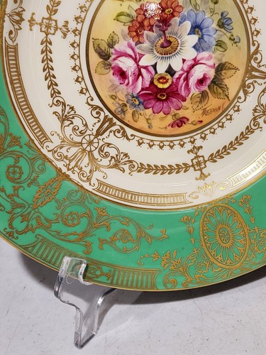 Royal Worcester Hand Painted Floral SIGNED Gold Encrusted Green Cabinet Plate - Picture 6 of 9