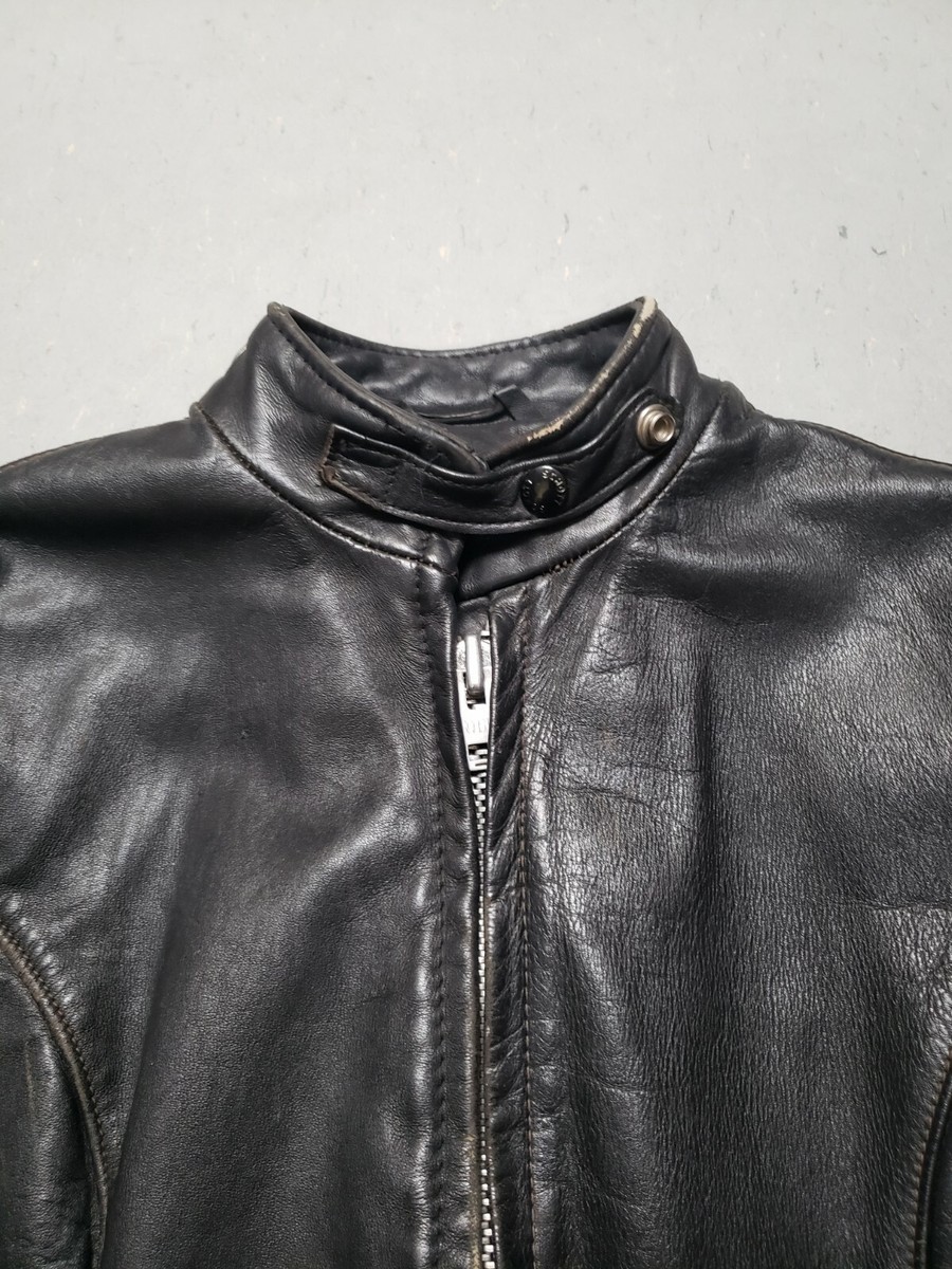 ショット MANUFACTURERS OF FINE SPORTSWEAR Vtg SCHOTT Cafe Racer Black Leather Motorcycle Biker Jacket S Made