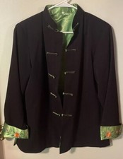 Silk Womens Evening Jacket Black Satin Green Brocade Closure Sz M/L. SB1