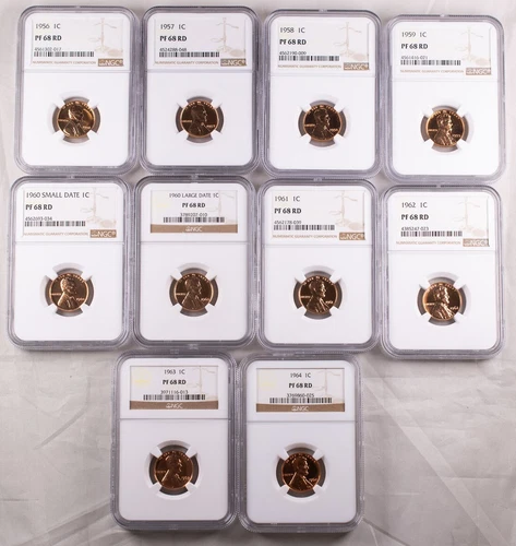 Certified 1956-1964 Proof Lincoln Cents NGC PF68RD 1960 Small/Large Date x10 1c 