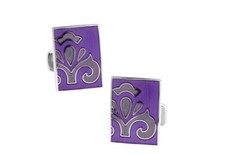 Fleur de Lis Cufflinks Plum Enamel Tile Deign Silver Trim Cuff Links Flower