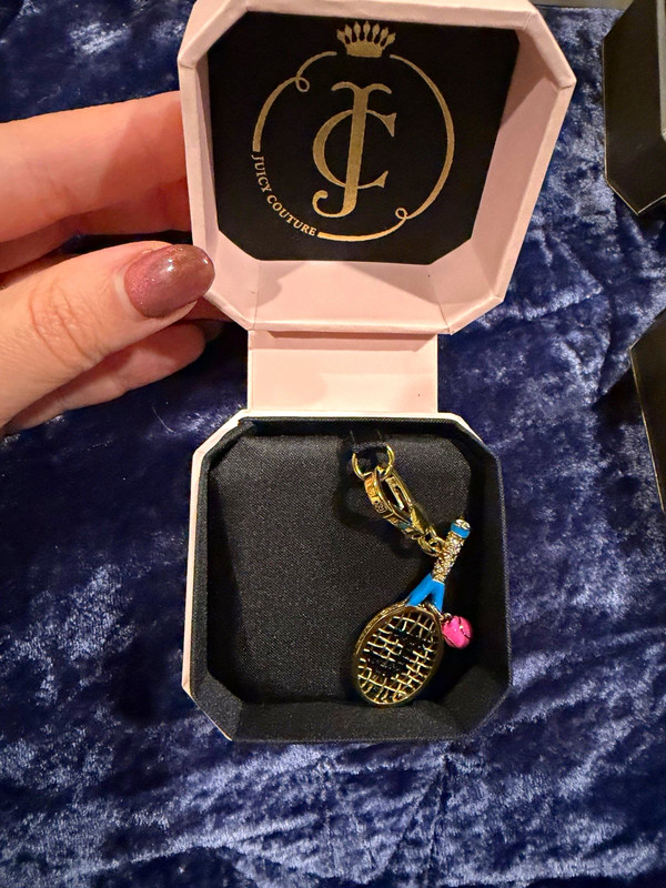 Juicy Couture Tennis Charm Key Chain Detachable Metal Rhinestone Gold/Blue/Pink