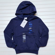 NWT Nike Kids Club Fleece Stacked Logo Pullover Hoodie Size XS Blue