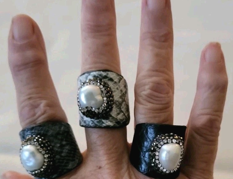 Snake Skin Rings Artisan Made Lot 3 Gray, Black  Pattern, Pearl, Crystals Bands 