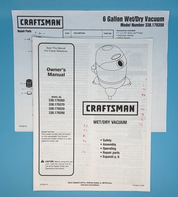Craftsman 6 Gallon Wet/Dry Vaccum - Owners Parts Manual - 338.179350