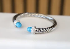 David Yurman Sterling Silver 7mm Cable Bracelet Turquoise & Diamonds size Medium