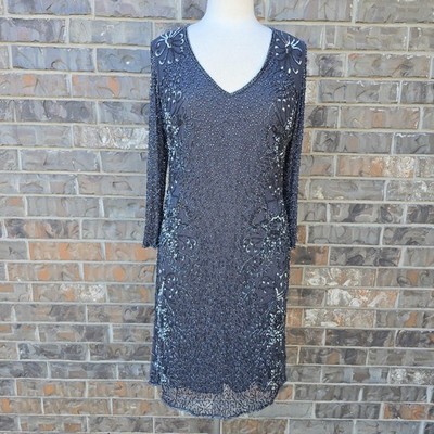 Pisarro Nights Dress Womens 14 Slate Beaded V Neck Sequin Cocktail Floral Shift