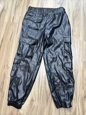 Black Faux Leather Cargo Jogger Pants With Side Pockets  Elastic Waist XL