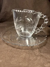Vtg. Imperial Glass Candlestick Cup&saucer W/ Beaded Handle & Etched  Design.