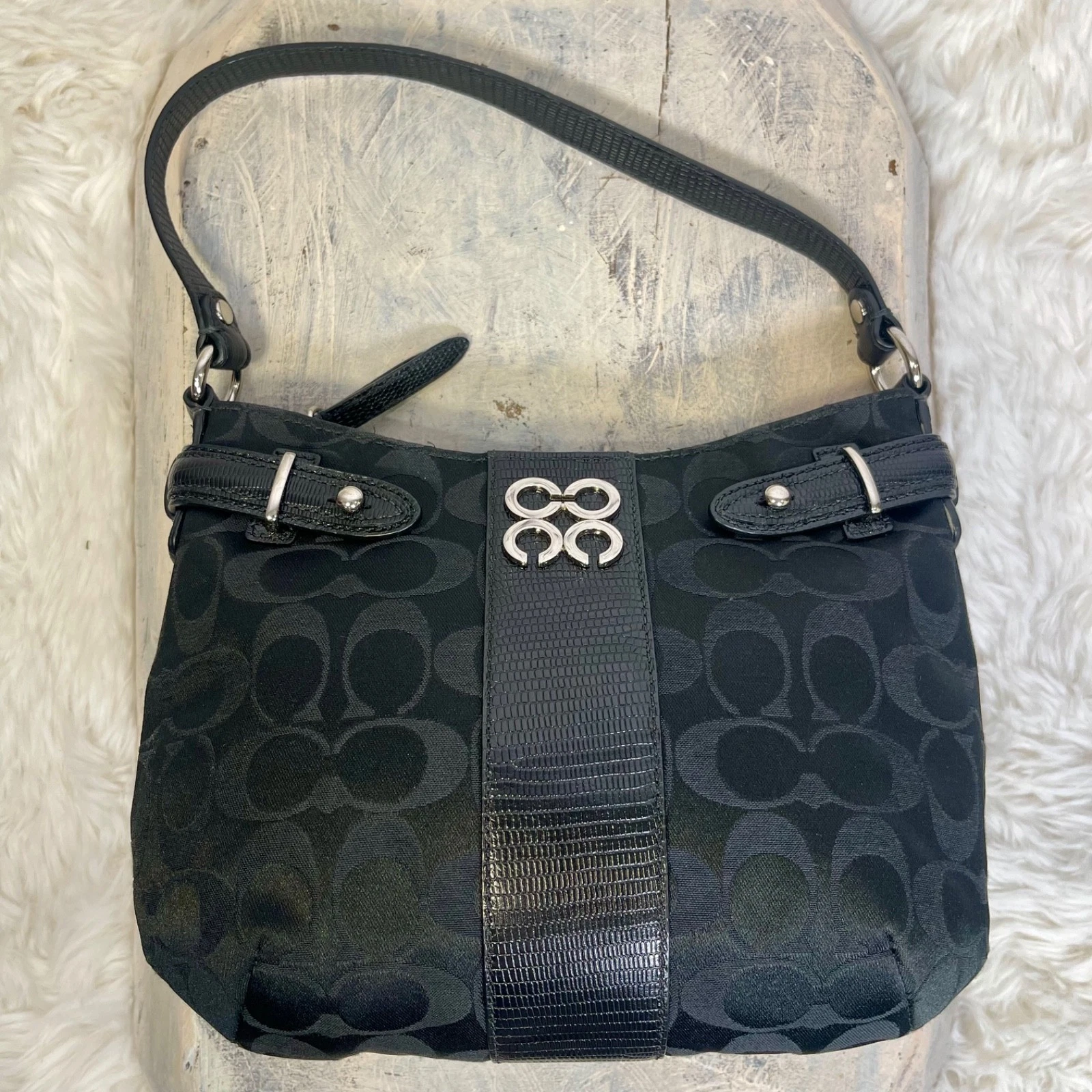Borsa vintage Coach Colette firmata nera hobo bordo in pelle verniciata Y2K
