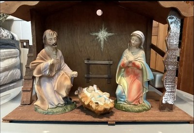 Vintage LARGE 14 Pc Nativity Set Light Up Wood Manger Creche Mid Century Japan