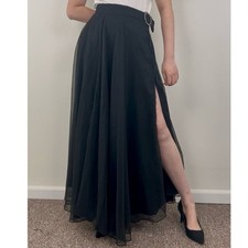 Vintage Black Tulle Maxi Formal Evening Skirt Side Slit Rhinestone Buckle