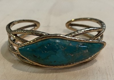 Vintage Barse Turquoise Cuff Bracelet Textured Golden Bronze Framework Signed