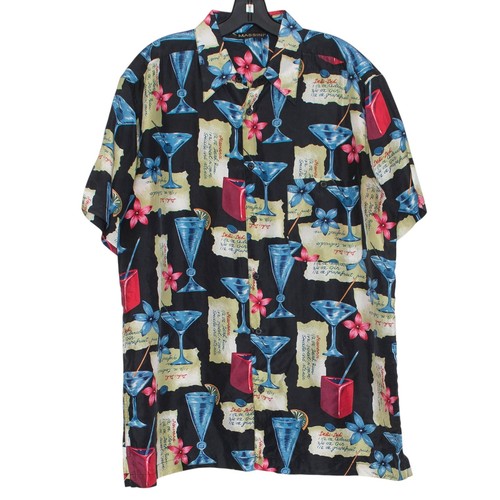 Massini Mens Shirt Silk Y2K Tropical Resort Vacation Retro Hawaiian Black Large - Picture 5 of 5