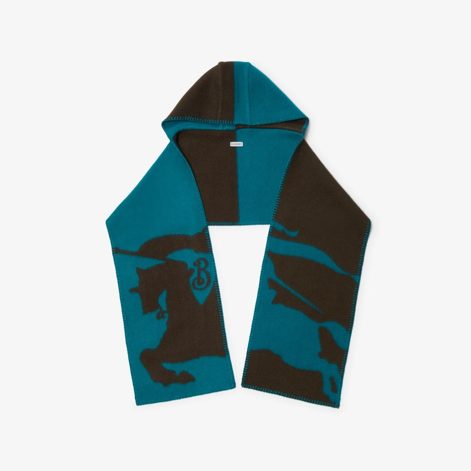 Burberry — Burberry EKD Print Wool Hood Hooded Scarf in Kingfisher Snug Dark Aqua RRP$1490