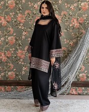 Latest Stylish Heavy Natural Crep Black Top Bottom With Dupatta For Ethnic Wear