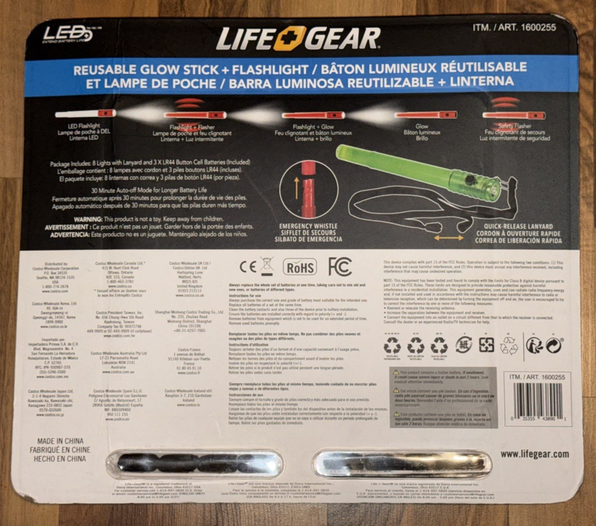 LIFE+GEAR 8pk Reusable LED Glow Stick & LED Flashlight Emergency Whistle Safety