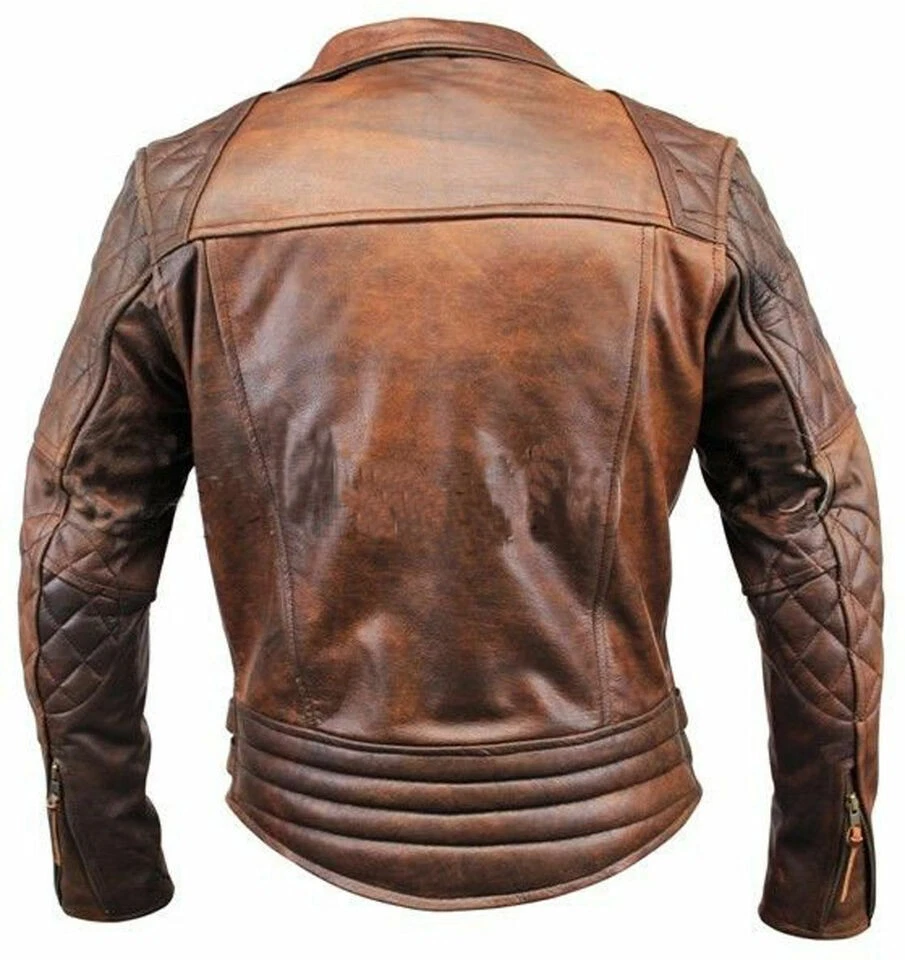Men’s Motorcycle Vintage Cafe Racer Biker Distressed Brown Real Leather Jacket image 2