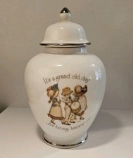 1974 HOLLY HOBBIE Ceramic Vase with Top Lid It's A Grand Old Day For Being Happy