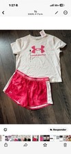 Under Armour Girls YXL 2-Piece Logo Tee  Shorts Set White/Pink Elastic