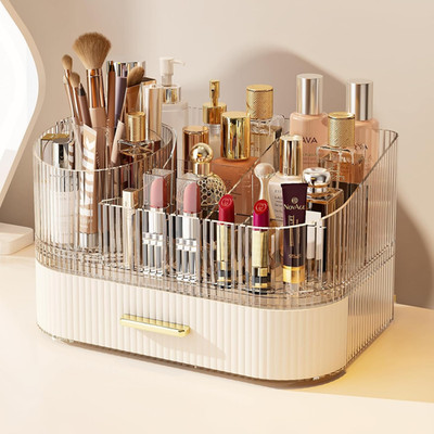 Makeup Organizer with 360° Rotating Brush Holder and Stackable Drawers, Cosmetic