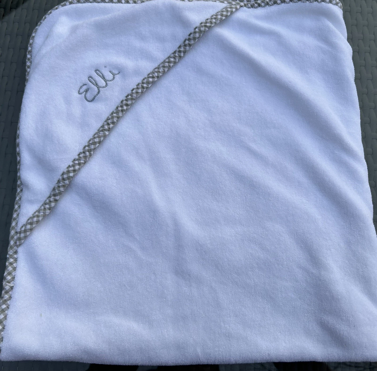 Pottery Barn Kids Grey Gingham Infant Hooded Towel Monogramed "Elli”