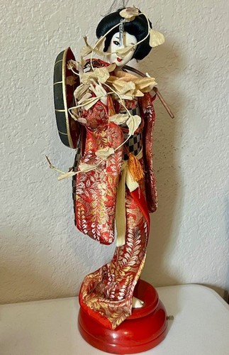 Geisha Doll Figure 19" Tall Windup Rotating Music Box Works Great See Video!