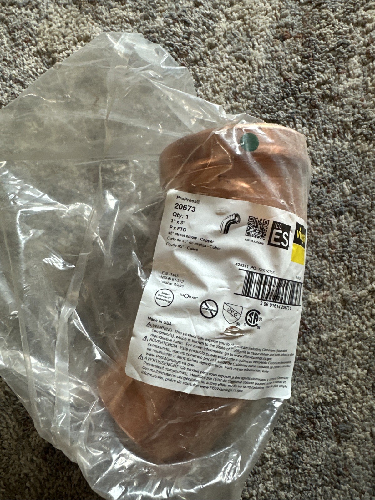 Viega 20673 ProPress Copper XL 45° Street Elbow 3" P x 3" FTG Zero Lead
