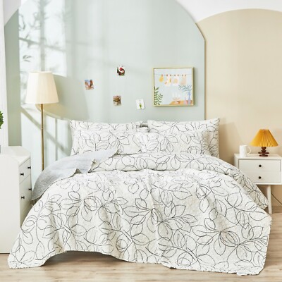 Tache White Black Grey Abstract Floral Leaf Vine Bedding Set Boho Sheet Queen