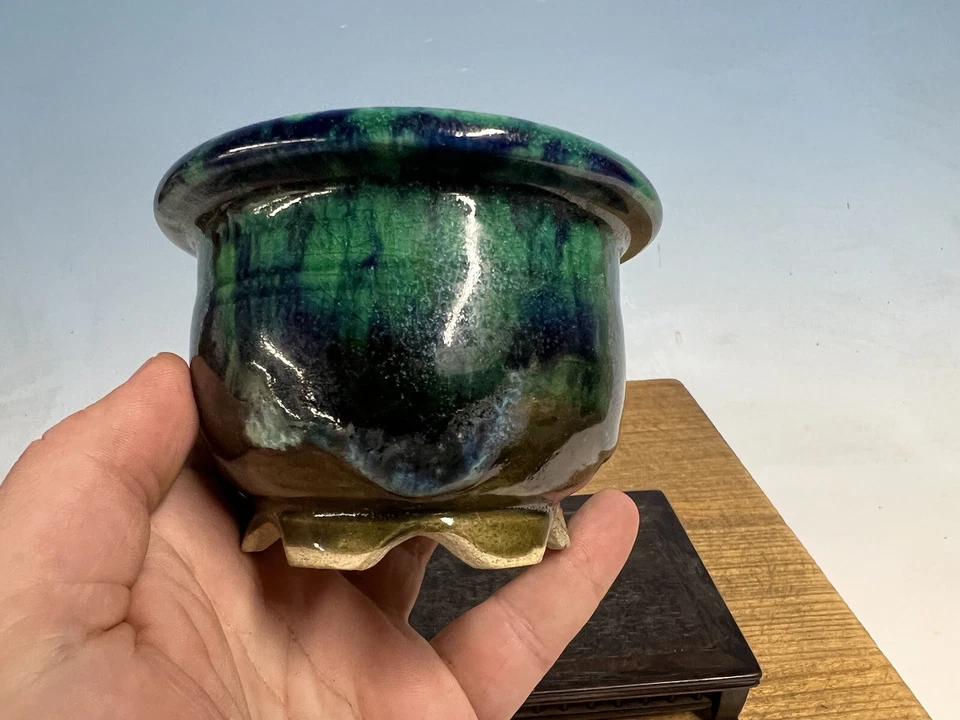 "Maceta de árbol bonsái esmaltada verde tamaño Shohin Fugushige Bushuan 4 1/4 por 3""" Foto 3 de 4