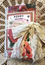 Poppy Flowers Junk Journal Paper & Cloth Cover Red Pink Lace Size 9 1/4”X6”X 1”