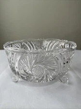 Vintage American Brilliant Sawtooth Pinwheel Cut 3 Footed Crystal Glass Bowl