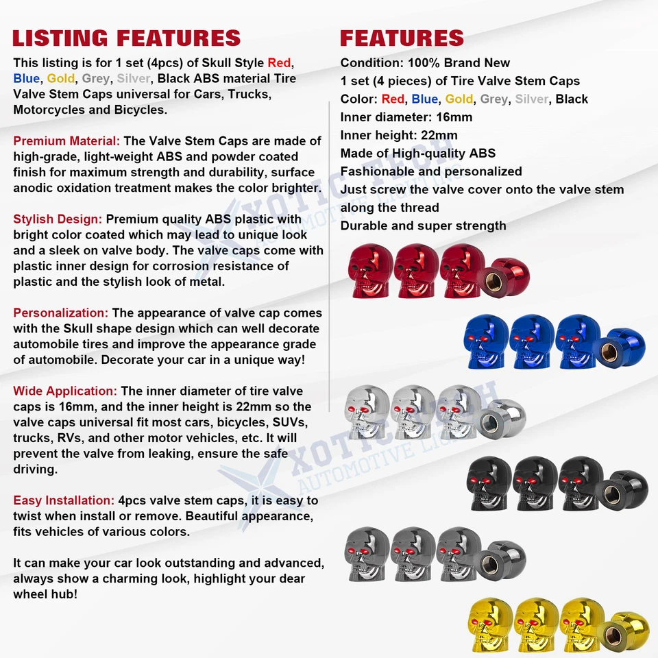 Cars Tires Valve Stem Caps Cover Dustproof Cool Skull Head Fit Most Vehicle Set - Image 2 of 4