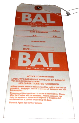 AMTRAK UNUSED NORTHEAST CORRIDOR BAGGAGE TAG BALTIMORE MARYLAND