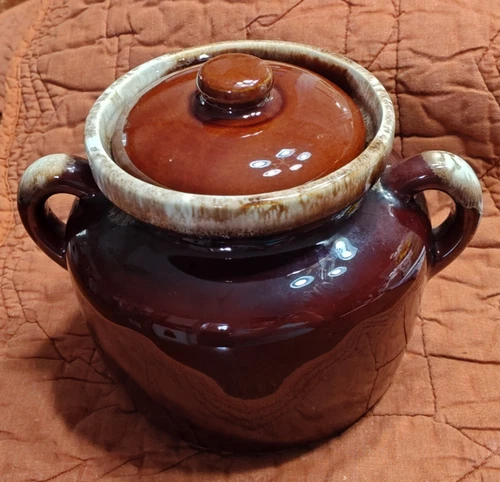 Vintage McCoy Brown Drip Pottery Crock/Bean Pot with Handles and Lid/#341-USA