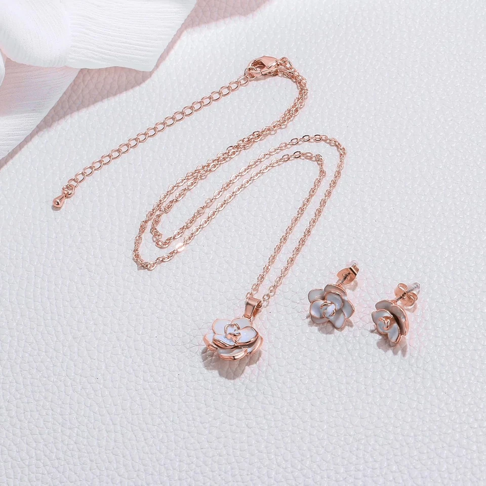 Juego de pulsera pendientes collar flor rosa Elequeen chapado en oro 14K hipoalergénico Foto 4 de 4