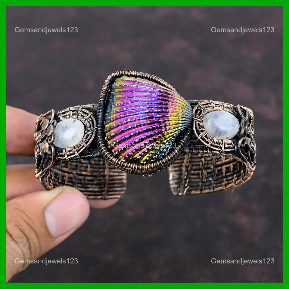 Pulseira de cobre natural revestida de titânio com concha arco-íris pedra da lua boho embrulhada em fio - Imagem 3 de 4
