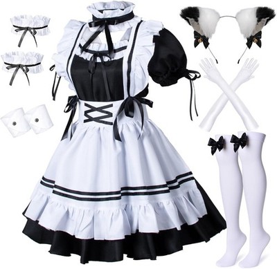 Anime French Maid Apron Lolita Cosplay Costume Set with Cat Ears XL