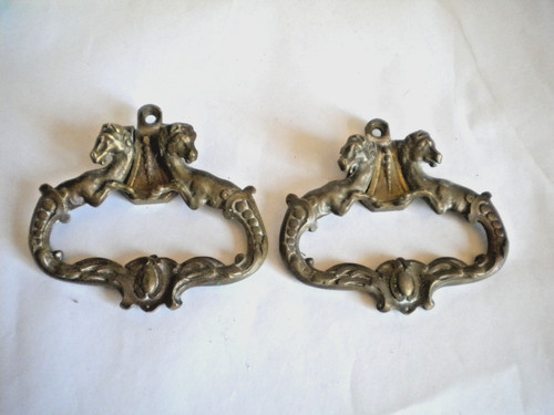 Pair of Vintage Equine themed Brass Furniture Handles Horses French salvage lot