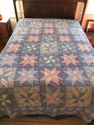 Vtg Cotton Patchwork Quilt Star Pinwheel Blue Tan Green 84x86'' Full/Queen