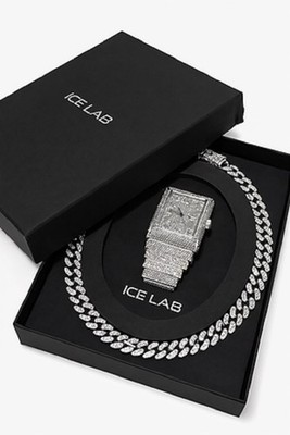 ICE LAB Silver Luxury Watch & Cuban Link Chain Set