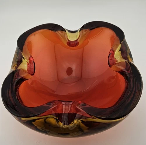 Murano Sommerso Art Glass Ashtray Dish 6 Red with Gold Casing Vintage MCM 1960s