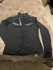 punk rave Brand Women’s Stretch Knit Top With High Neck & Epaulets/lacing Sz. XL