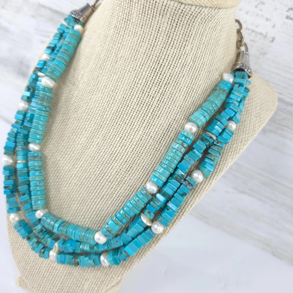 COLLAR TURQUESA PIEDRA NATURAL Y PERLAS CULTIVADAS DE AGUA DULCE 3 HILOS AJUSTE Foto 3 de 4