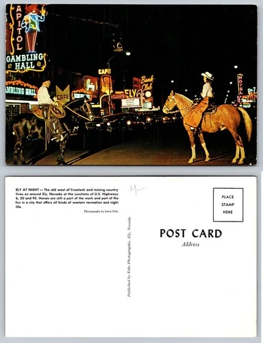 Vintage Ely Nevada Night Postcard Horses Capitol Gambling Hall Neon Signs