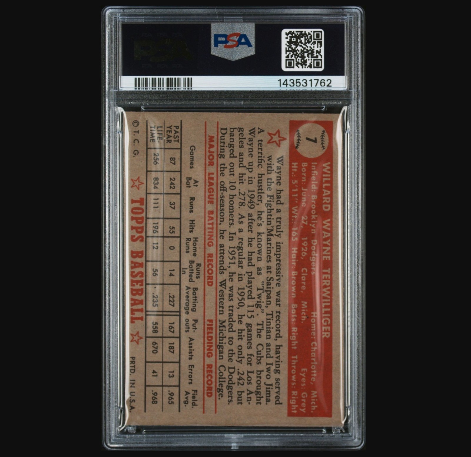 1952 Topps Wayne Terwilliger #7 Red Back PSA 4 Brooklyn Dodgers view 2