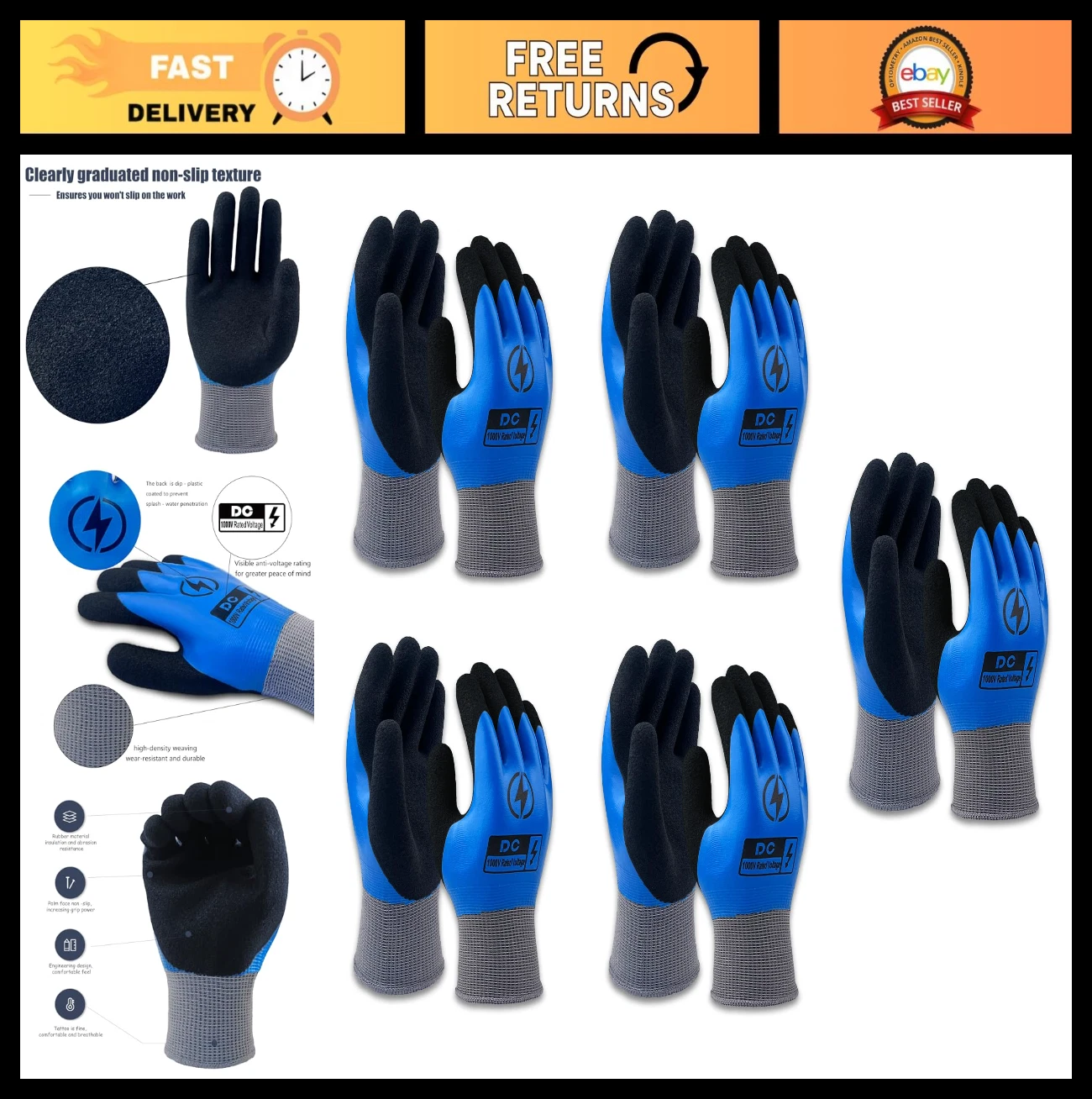 5 Pairs Insulated Electrician Gloves 1000V Flame Retardant Non-Slip Work Gloves