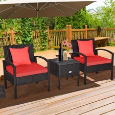 Patiojoy 3PCS Patio Rattan Furniture Set Storage Table Cushioned Red Sofa Deck