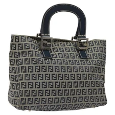 FENDI Zucchino Canvas Hand Bag Navy Silver Auth yk17654
